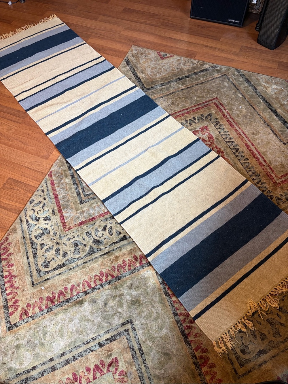 Wool Striped Blue Cream Runner Throw Rug Fringe Washable Boho Home Decor Cottage